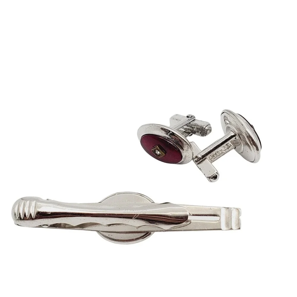 Anson Silver Tone Red Enamel & Rhinestone Oval Cufflink & Tie Bar Suit Accessory